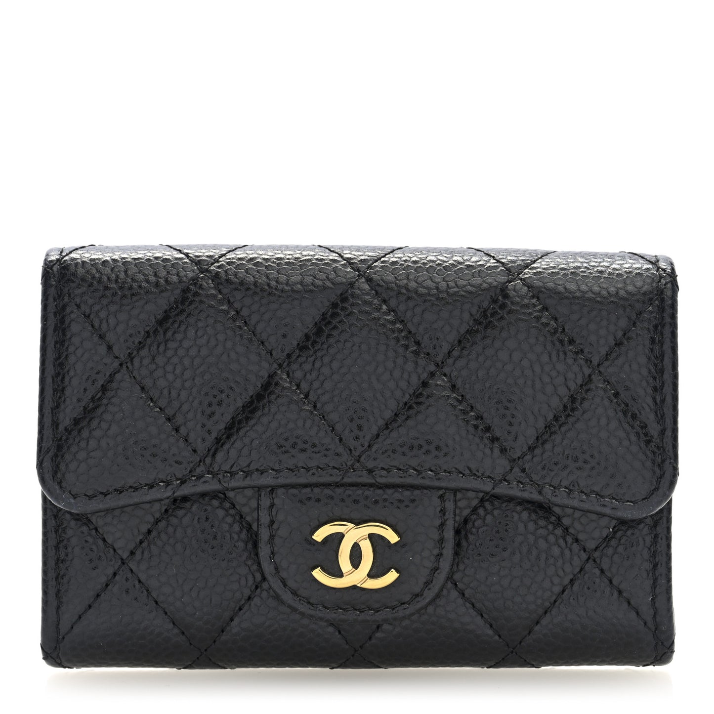 Caviar Quilted Flap Card Holder Wallet Black