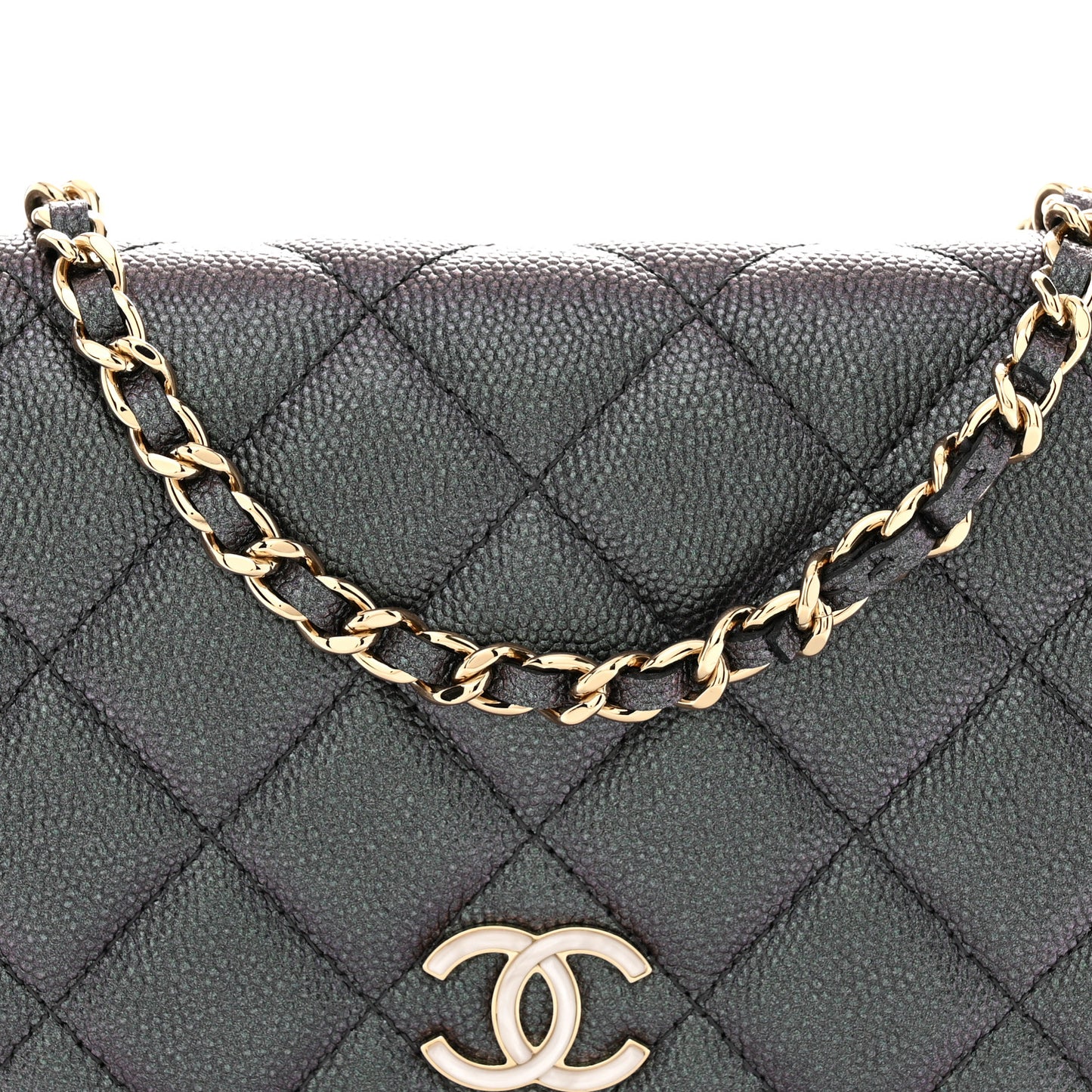Iridescent Caviar Quilted Wallet on Chain WOC Dark Blue
