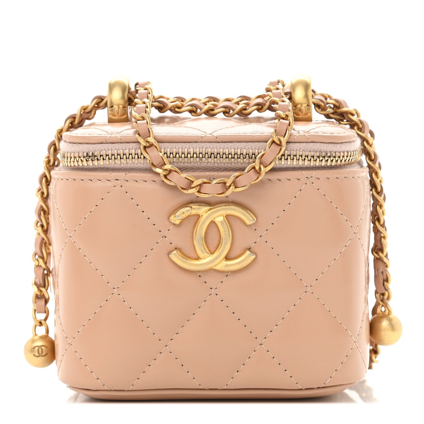 Calfskin Quilted Mini Perfect Fit Vanity Case With Chain Beige