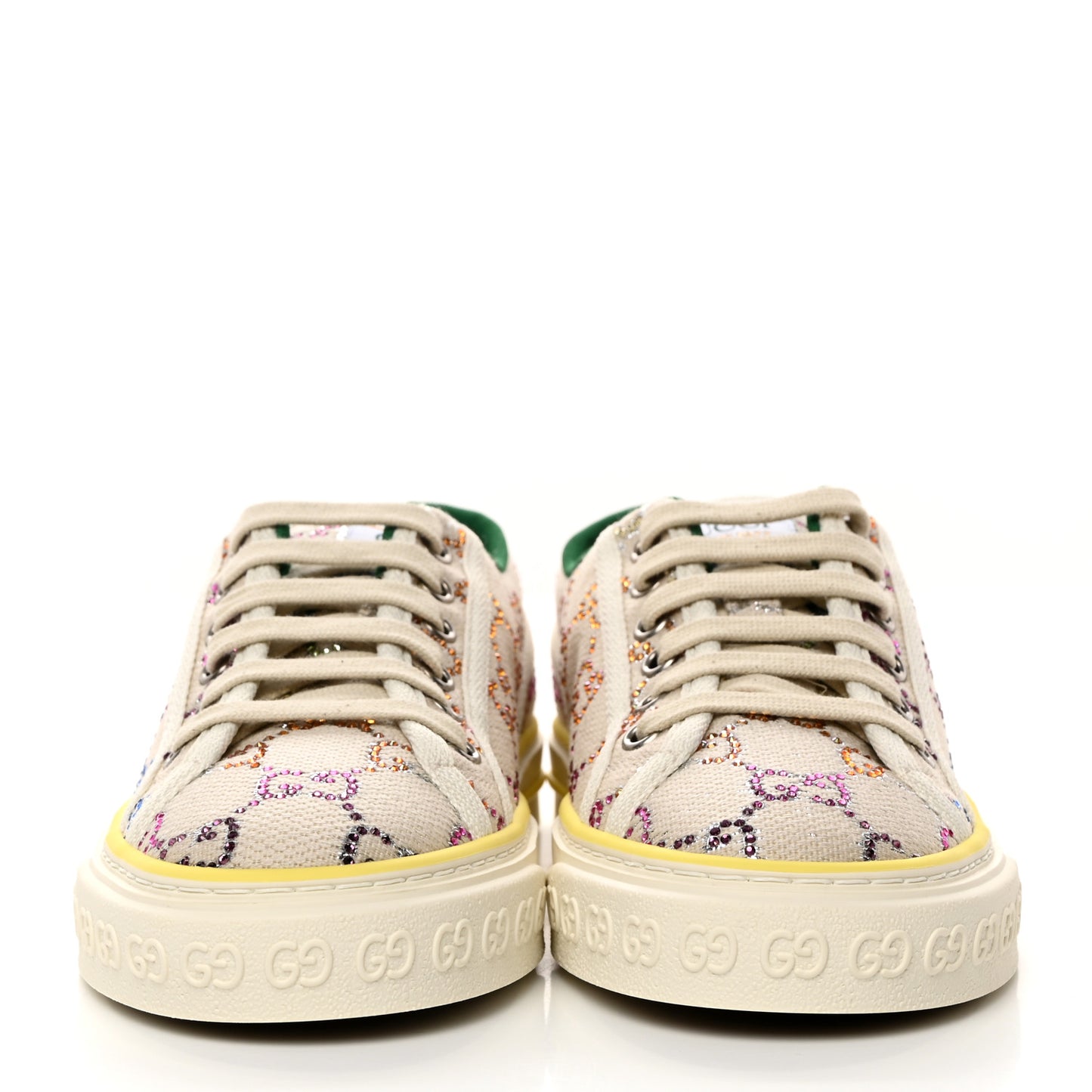 Canvas Lame Crystal GG Monogram Womens 1977 Tennis Sneakers 36.5 Gardenia Silver Mystic White