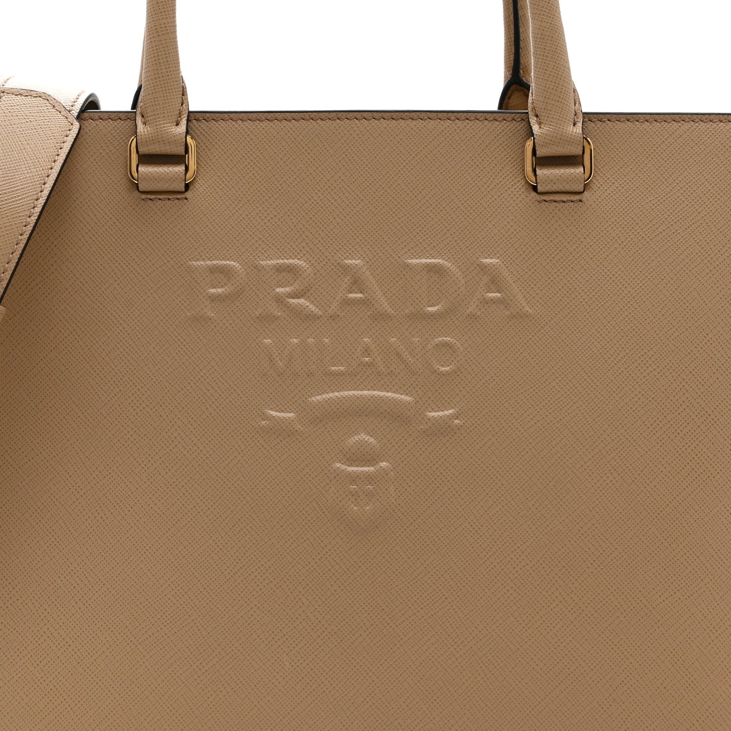 Saffiano Lux Logo Embossed Large Shoulder Tote Handbag Beige