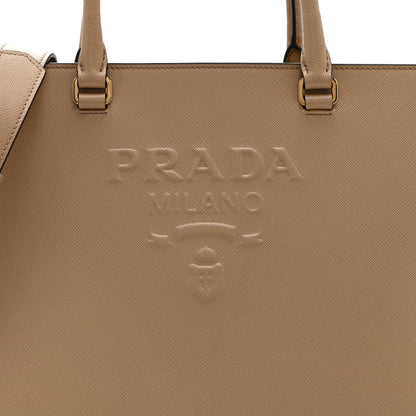 Prada Saffiano Lux Logo Embossed Large Shoulder Tote Handbag Beige 14 of 20