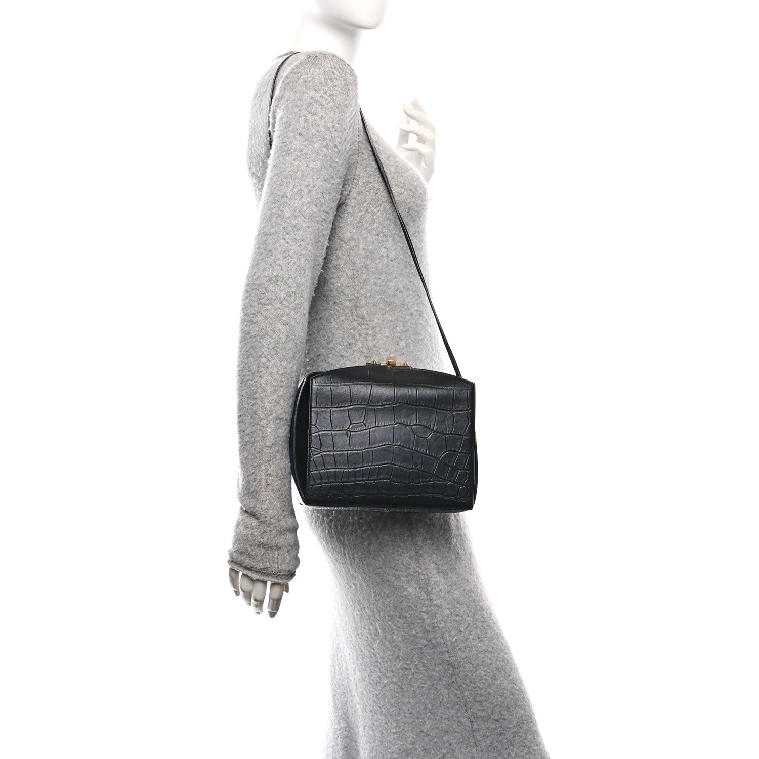 Alexander McQueen Calfskin Crocodile Embossed Box Shoulder Bag 19 Black 2 of 9