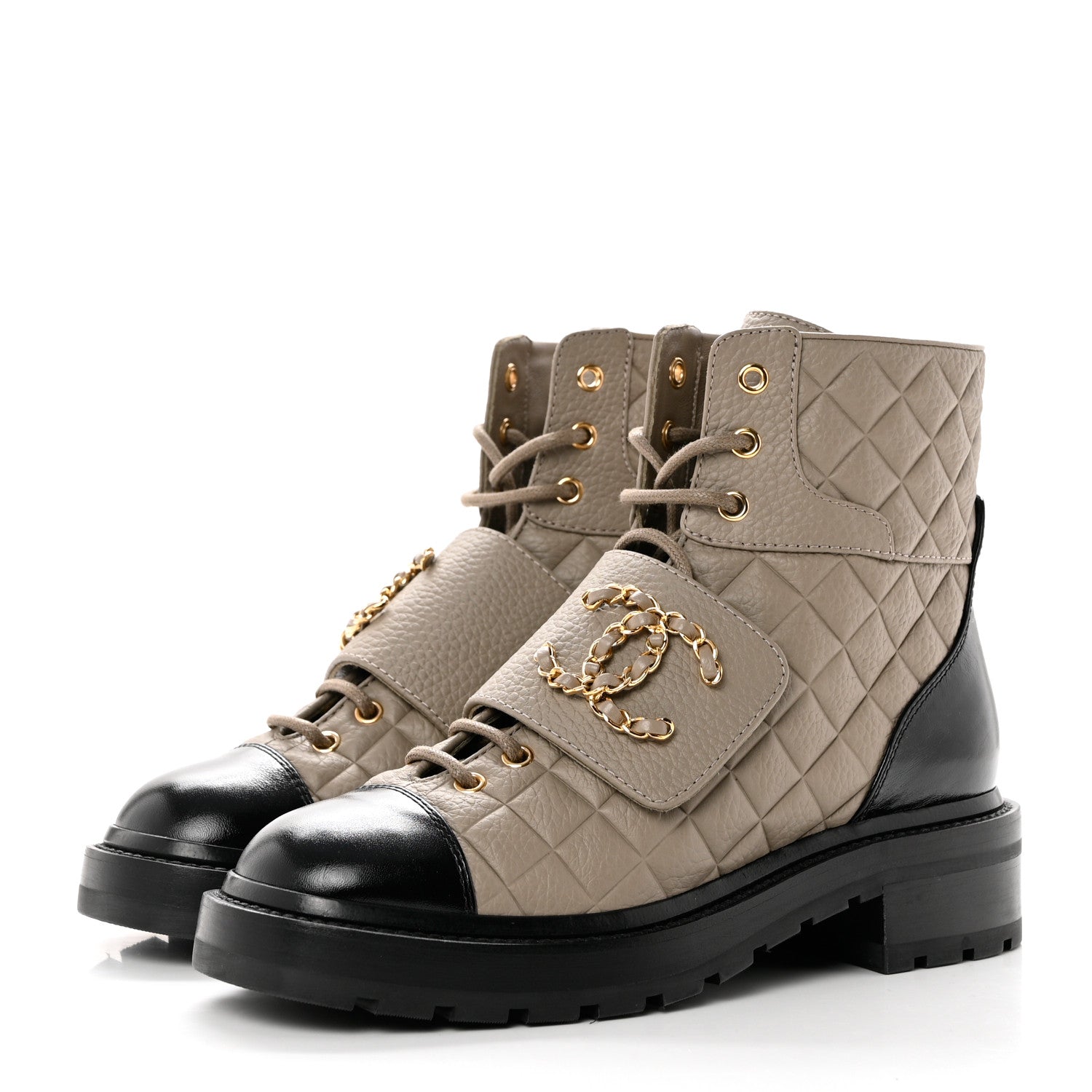 Chanel Calfskin Shiny Calfskin Quilted Lace Up Combat Boots 37 Dark Beige Black 3 of 10