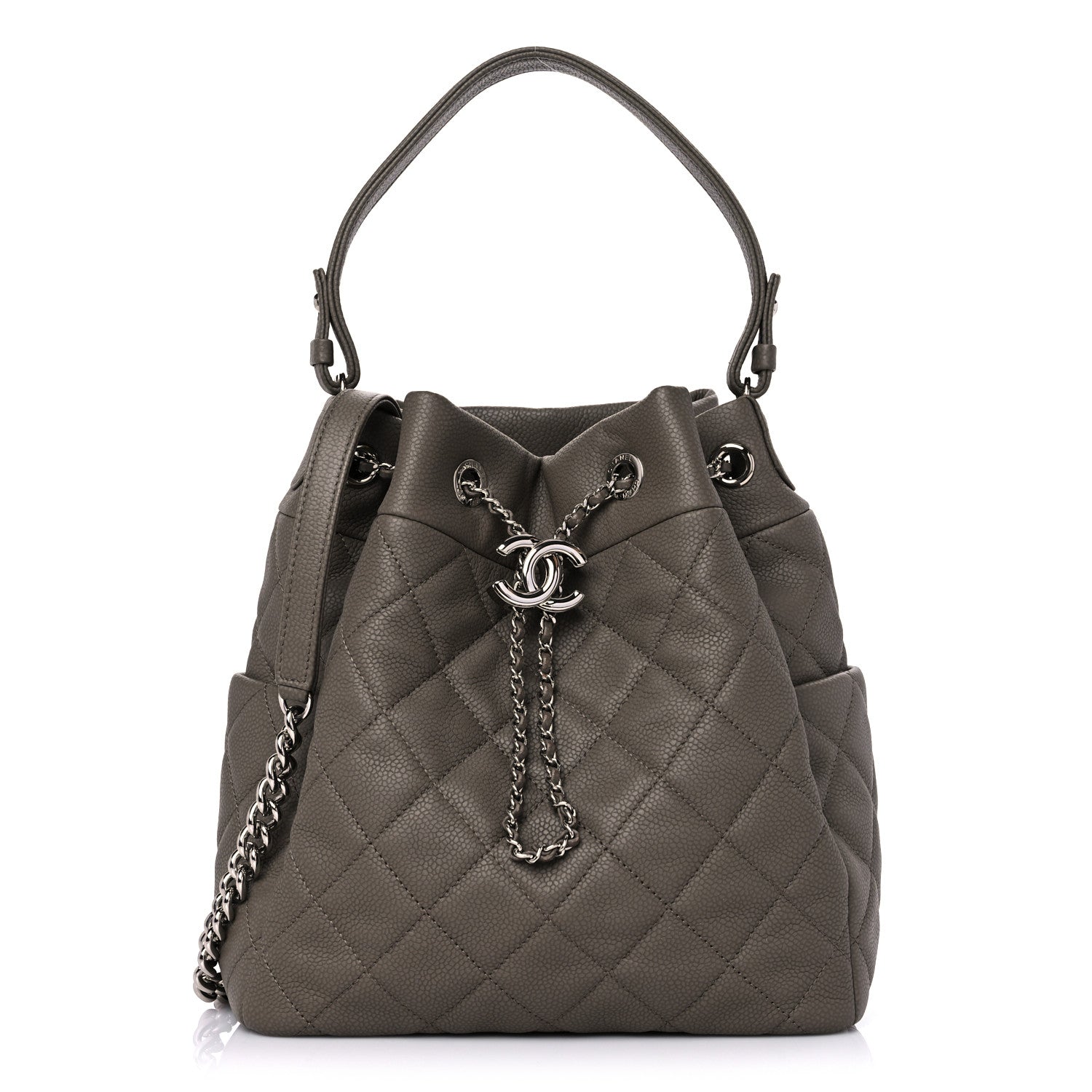 Chanel Caviar Flat Quilted CC Chain Bucket Drawstring Bag Khaki 1 of 10