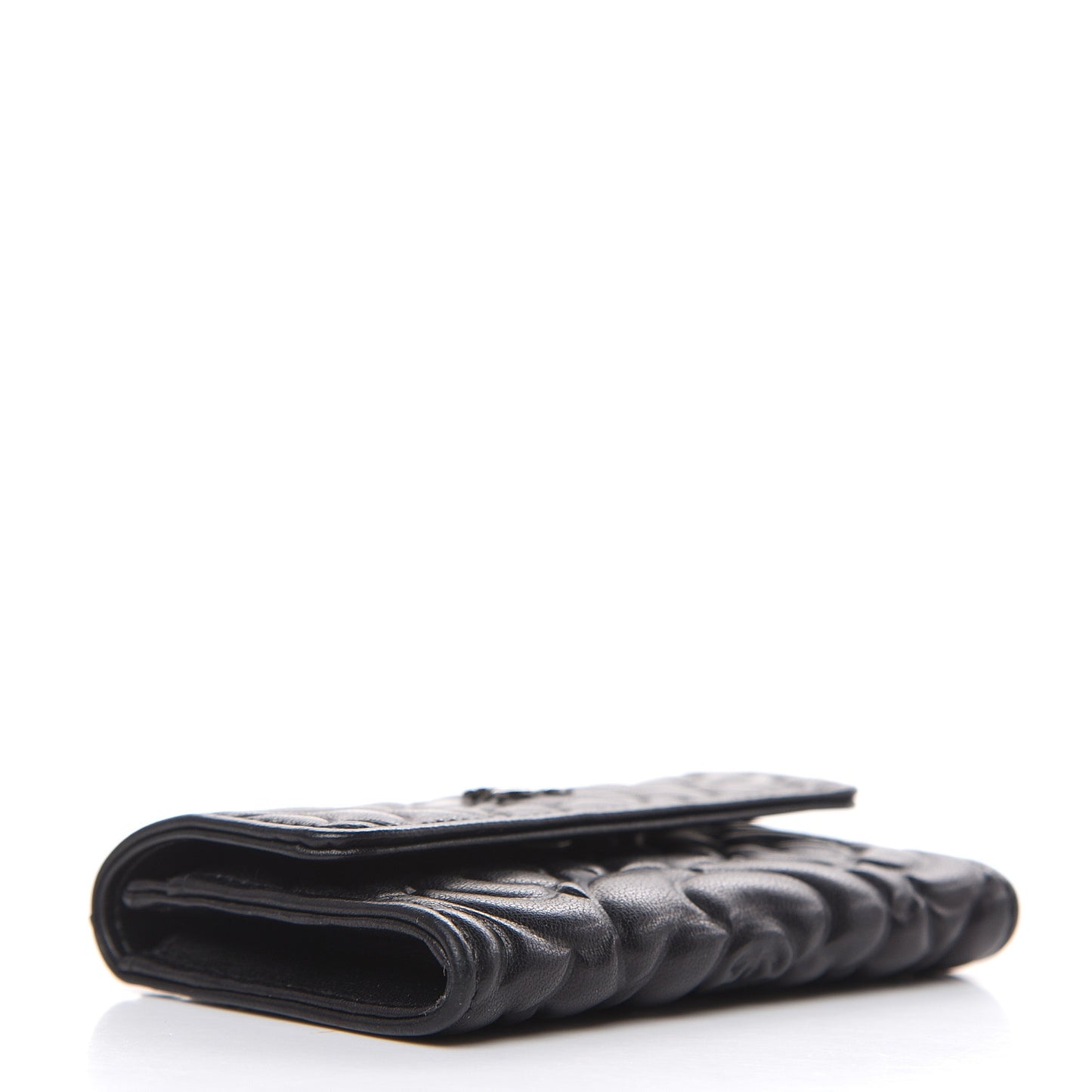 Goatskin Camellia Embossed Flap Card Holder Wallet Black