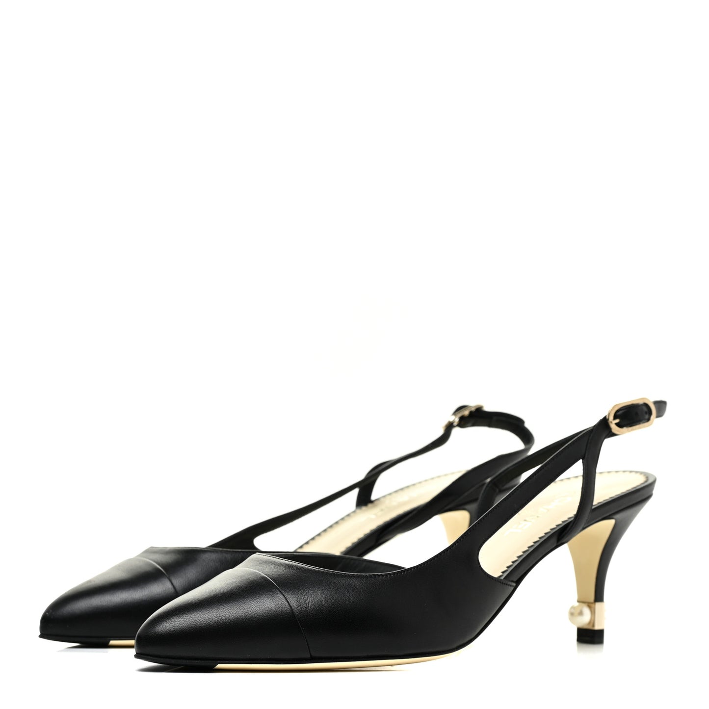 Lambskin Pearl Cap Toe CC Slingback Pumps 37.5 Black