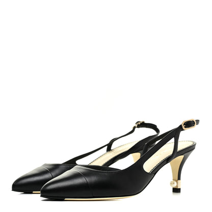 Chanel Lambskin Pearl Cap Toe CC Slingback Pumps 37.5 Black 3 of 9