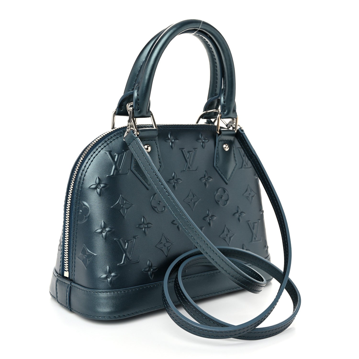 Louis Vuitton Metallic Calfskin Debossed Monogram Alma BB Steel Blue 3 of 9
