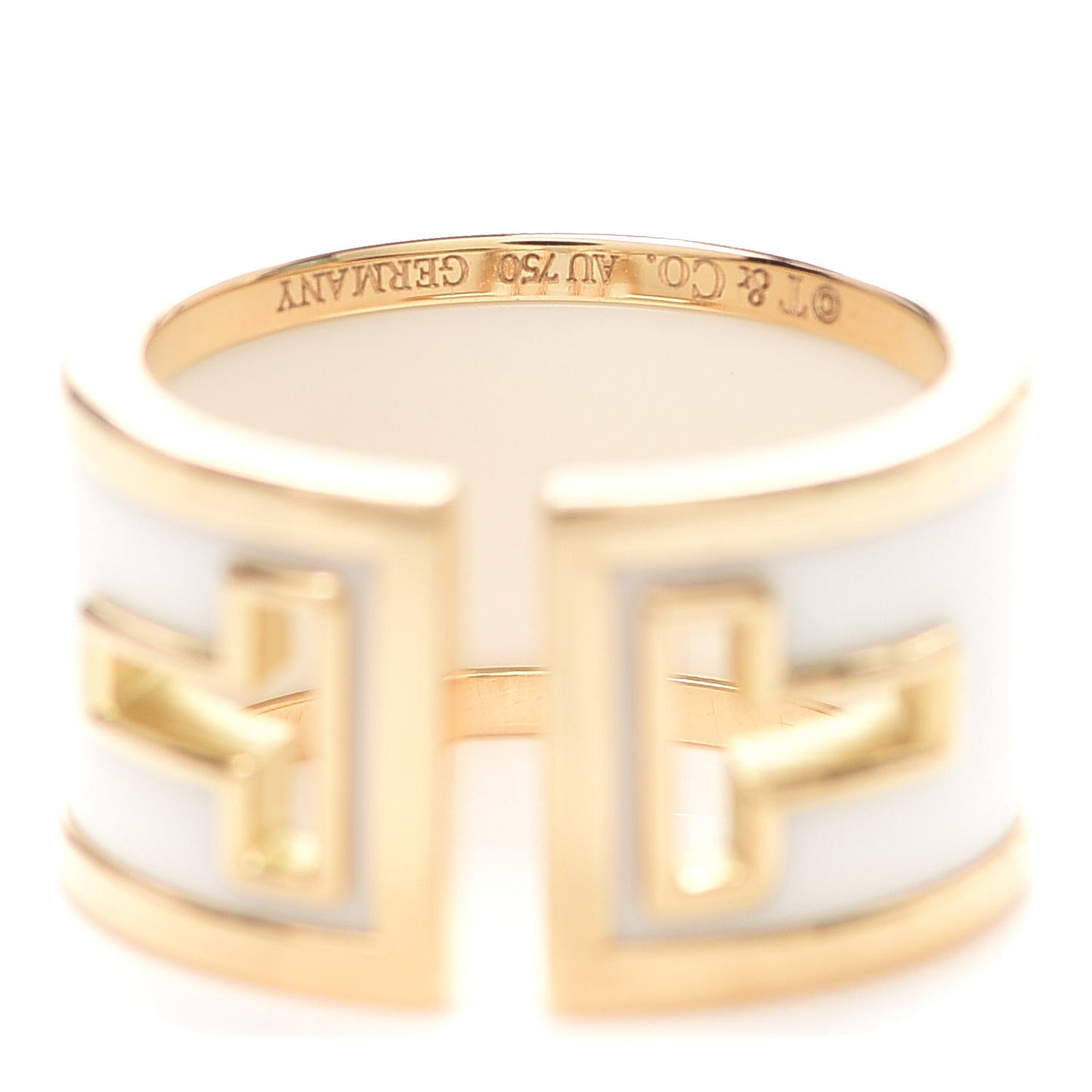 18K Yellow Gold White Ceramic T Cutout Ring 49 5