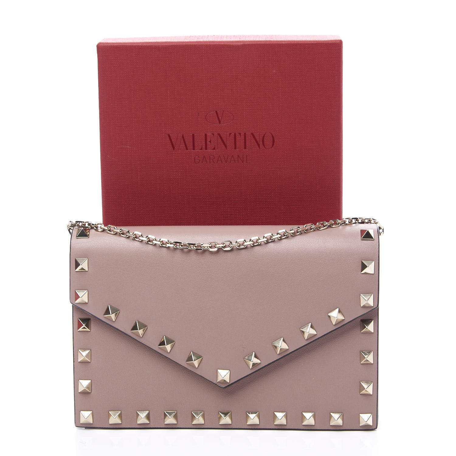 Valentino Garavani Vitello Rockstud Envelope Wallet on Chain Poudre 9 of 9