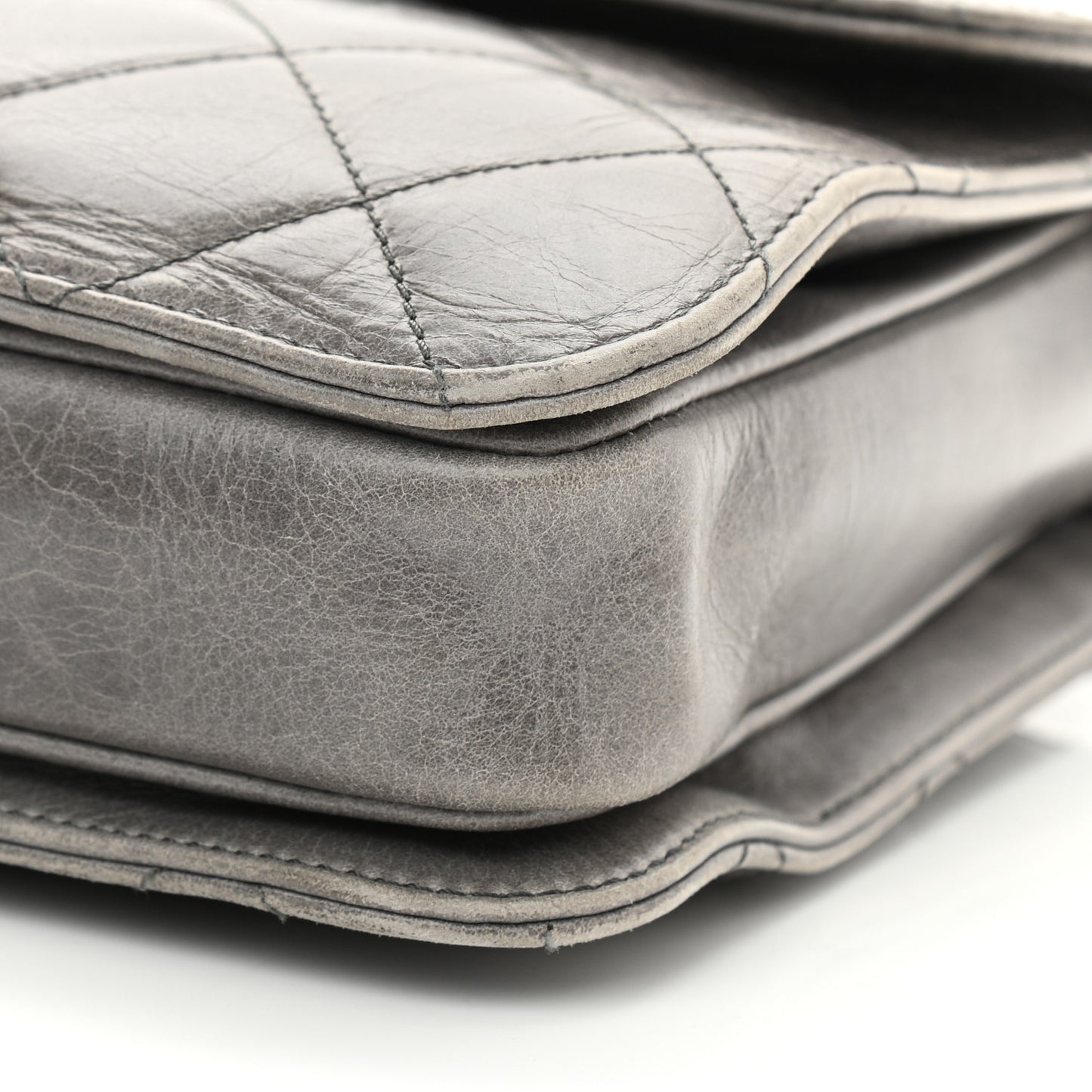 Glazed Calfskin Quilted Large Perfect Edge Flap Grey
