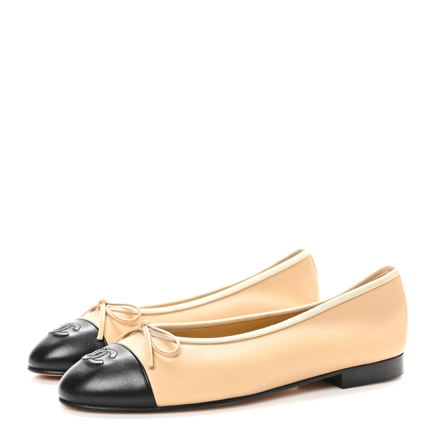 Chanel Lambskin Cap Toe CC Ballerina Flats 38.5 Beige Black 3 of 9