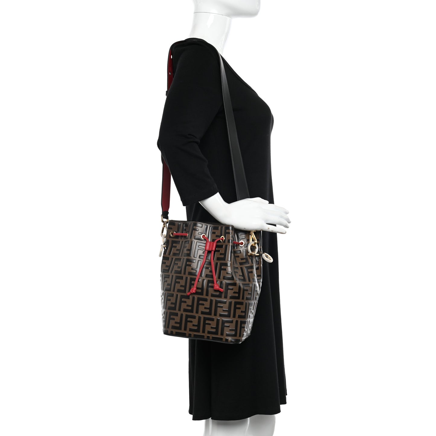 Vitello Grace F is Fendi Bi-Color FF 1974 Embossed Grande Mon Tresor Bucket Bag Maya Black Fragola