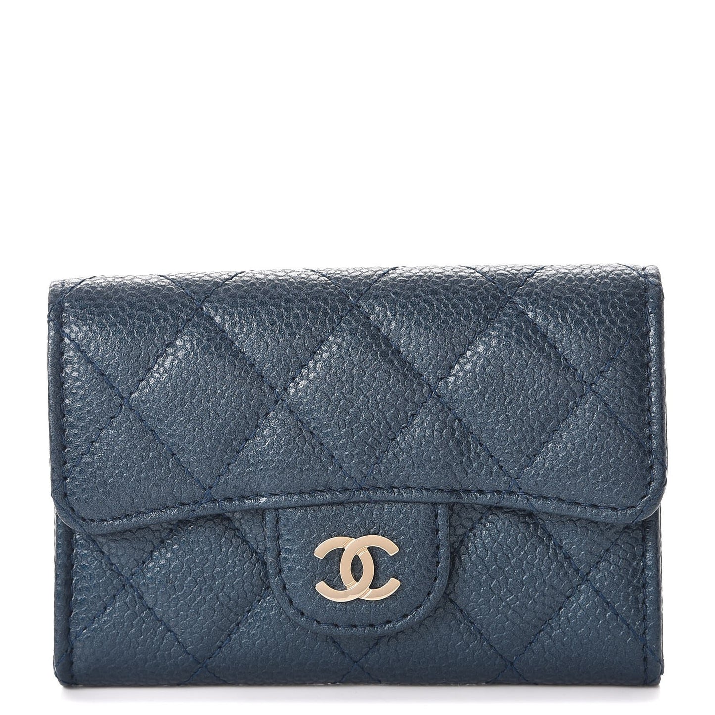 Metallic Caviar Quilted Flap Card Holder Dark Blue