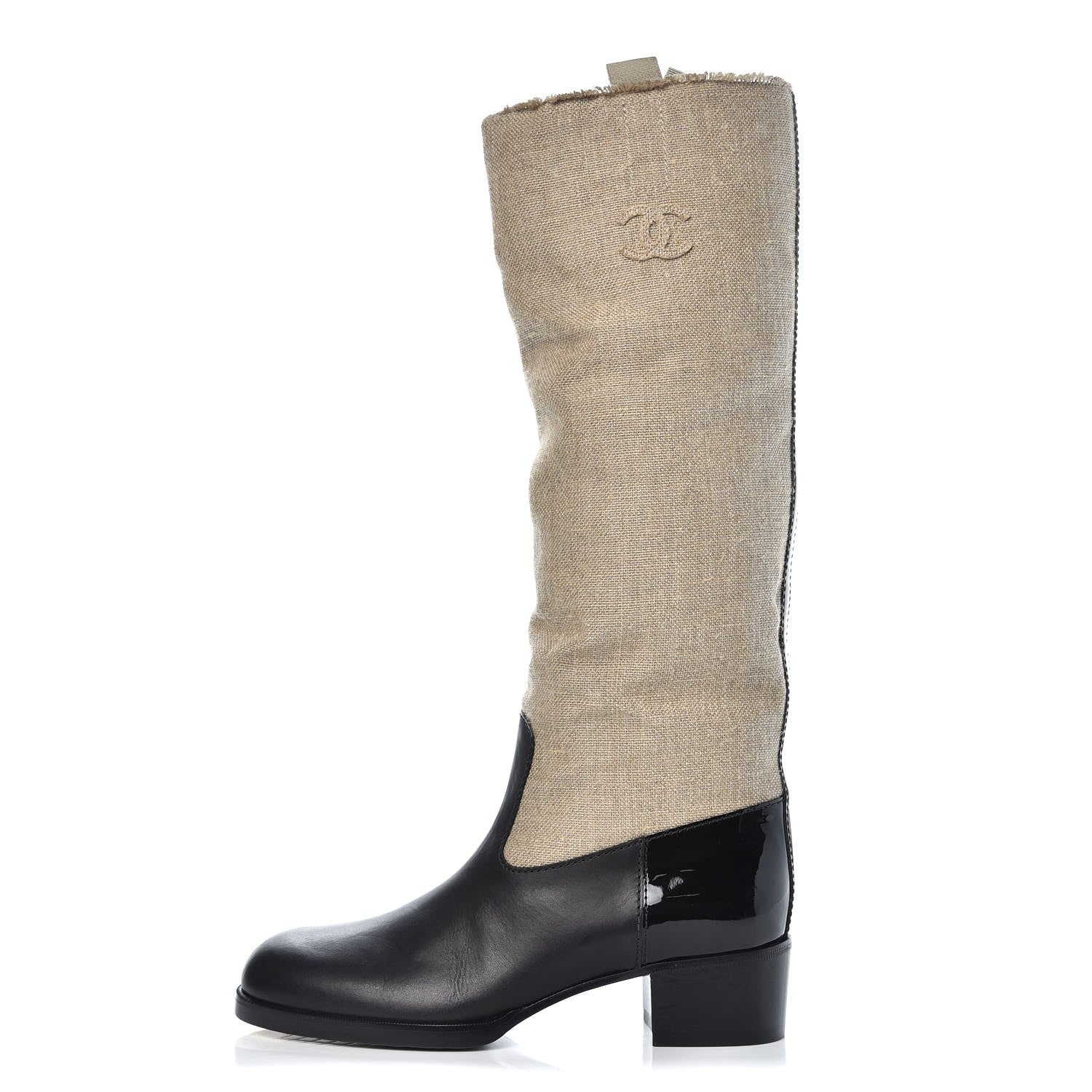 Chanel Fabric Patent Calfskin High Boots 39.5 Beige Black 1 of 7