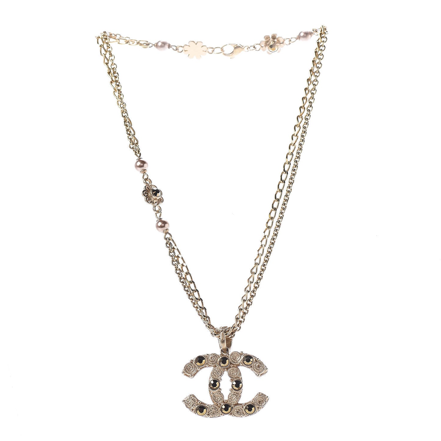 Crystal Pearl CC Chain Short Necklace Gold