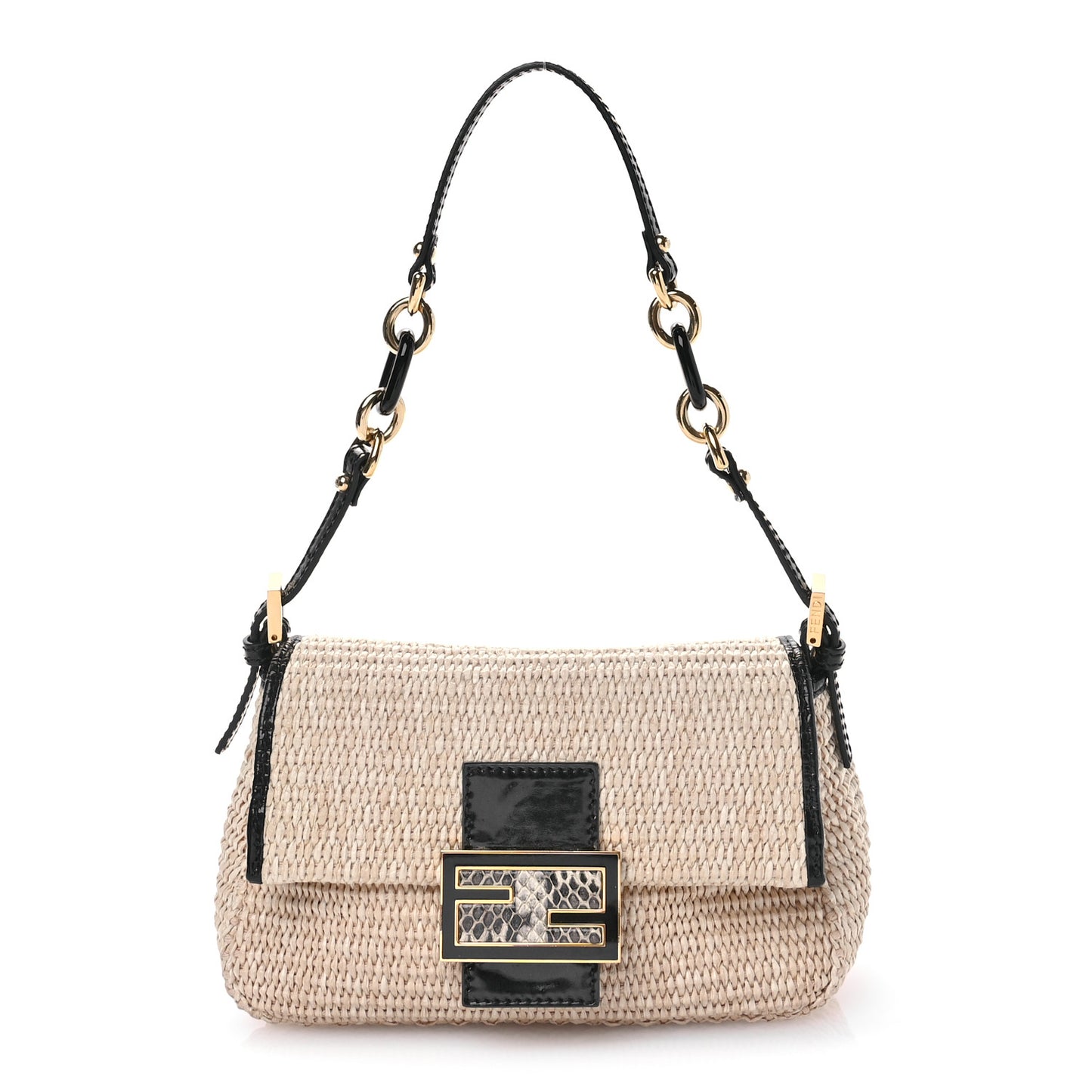 Raffia Snakeskin Patent Mini Baguette Natural Black