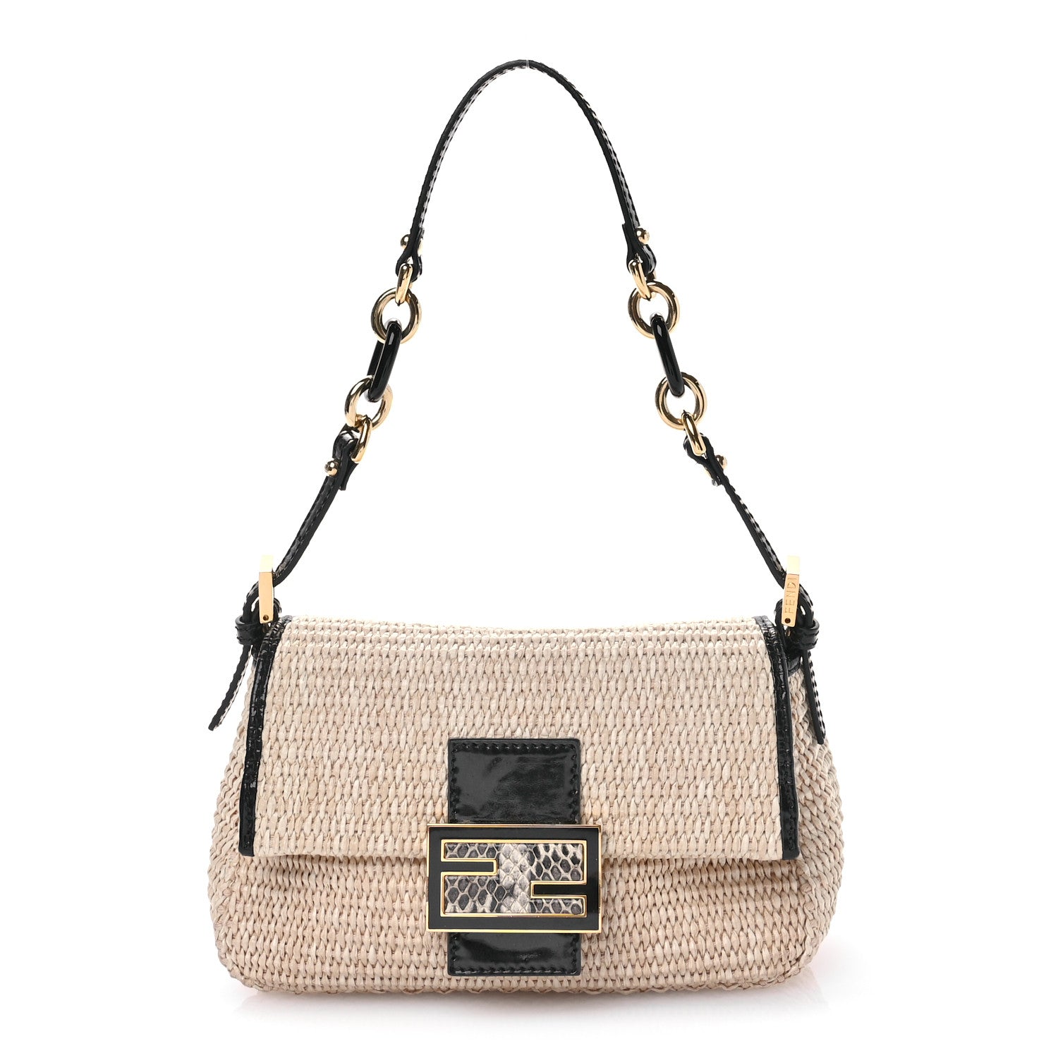 Fendi Raffia Snakeskin Patent Mini Baguette Natural Black 1 of 10