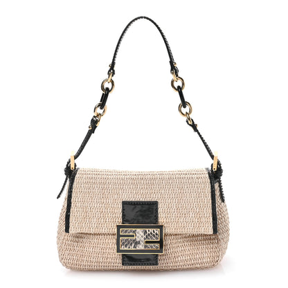 Fendi Raffia Snakeskin Patent Mini Baguette Natural Black 1 of 10