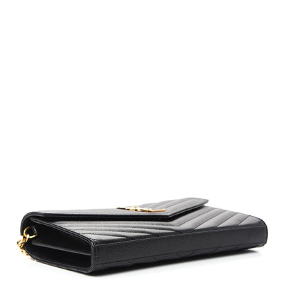 Saint Laurent Grain De Poudre Matelasse Chevron Monogram Chain Wallet Black 4 of 10