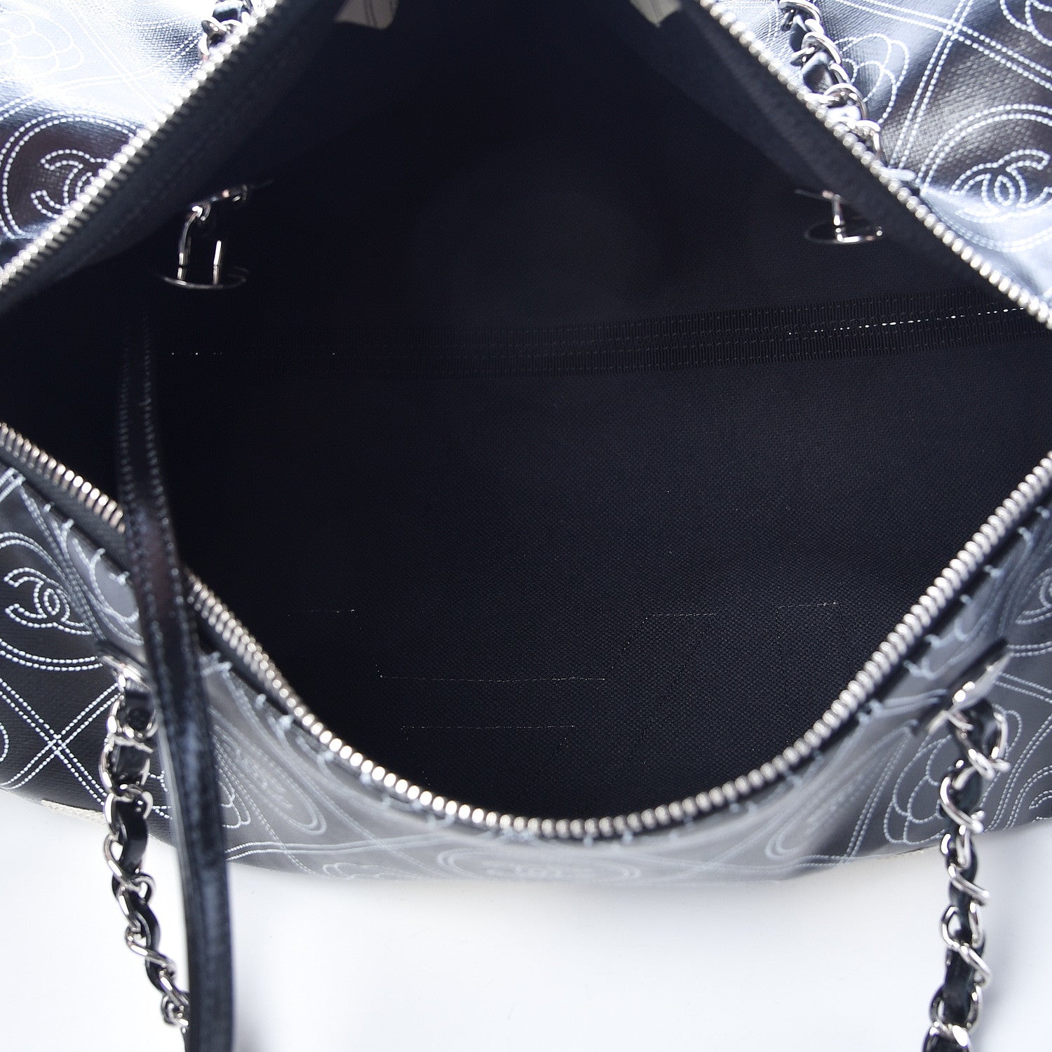 Chanel Coated Canvas Camellia Printed Calfskin Bowling Bag Black Beige 6 of 11