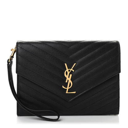 Saint Laurent Grain De Poudre Matelasse Chevron Monogram Envelope Clutch Black 1 of 7