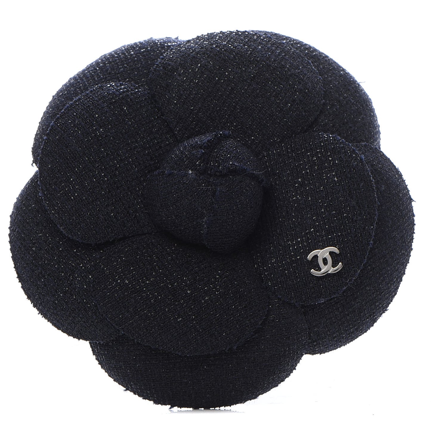 Tweed Camellia Pin Brooch Navy Blue