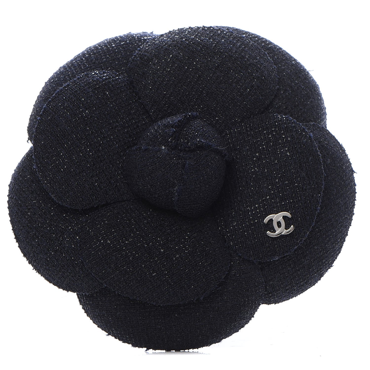 Chanel Tweed Camellia Pin Brooch Navy Blue 1 of 3