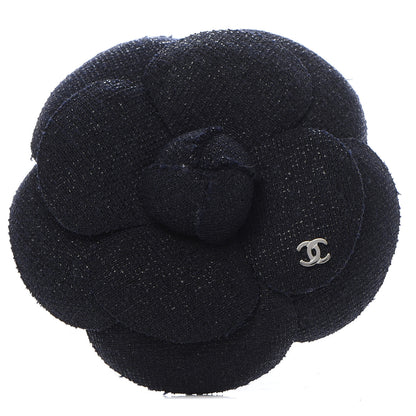 Chanel Tweed Camellia Pin Brooch Navy Blue 1 of 3