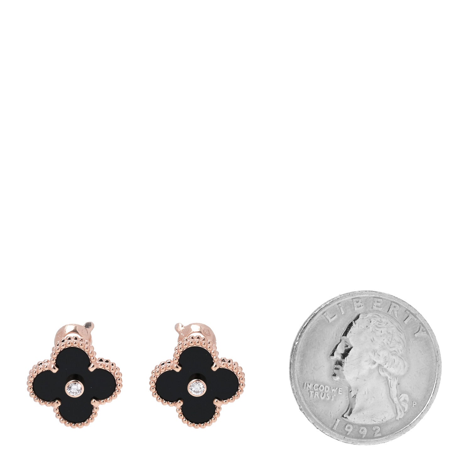 Van Cleef & Arpels 18K Rose Gold Diamond Black Onyx Vintage Alhambra Earrings 2 of 6