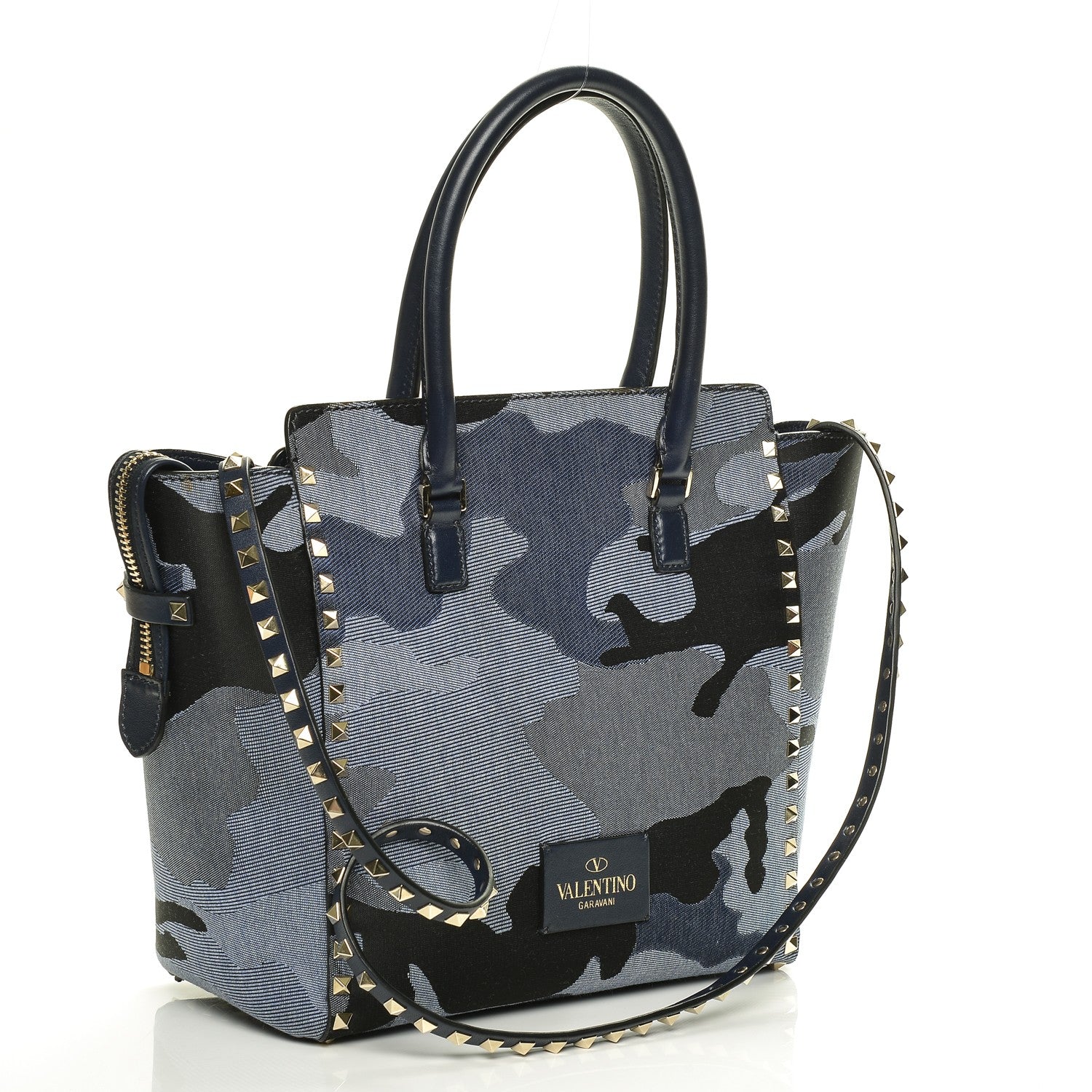 Valentino Garavani Canvas Camouflage Rockstud Double Handle Tote Blue 3 of 6