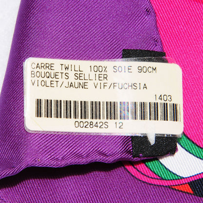 Hermes Silk Bouquets Sellier Scarf 90 Violet Jaune Vif Fuchsia 7 of 7