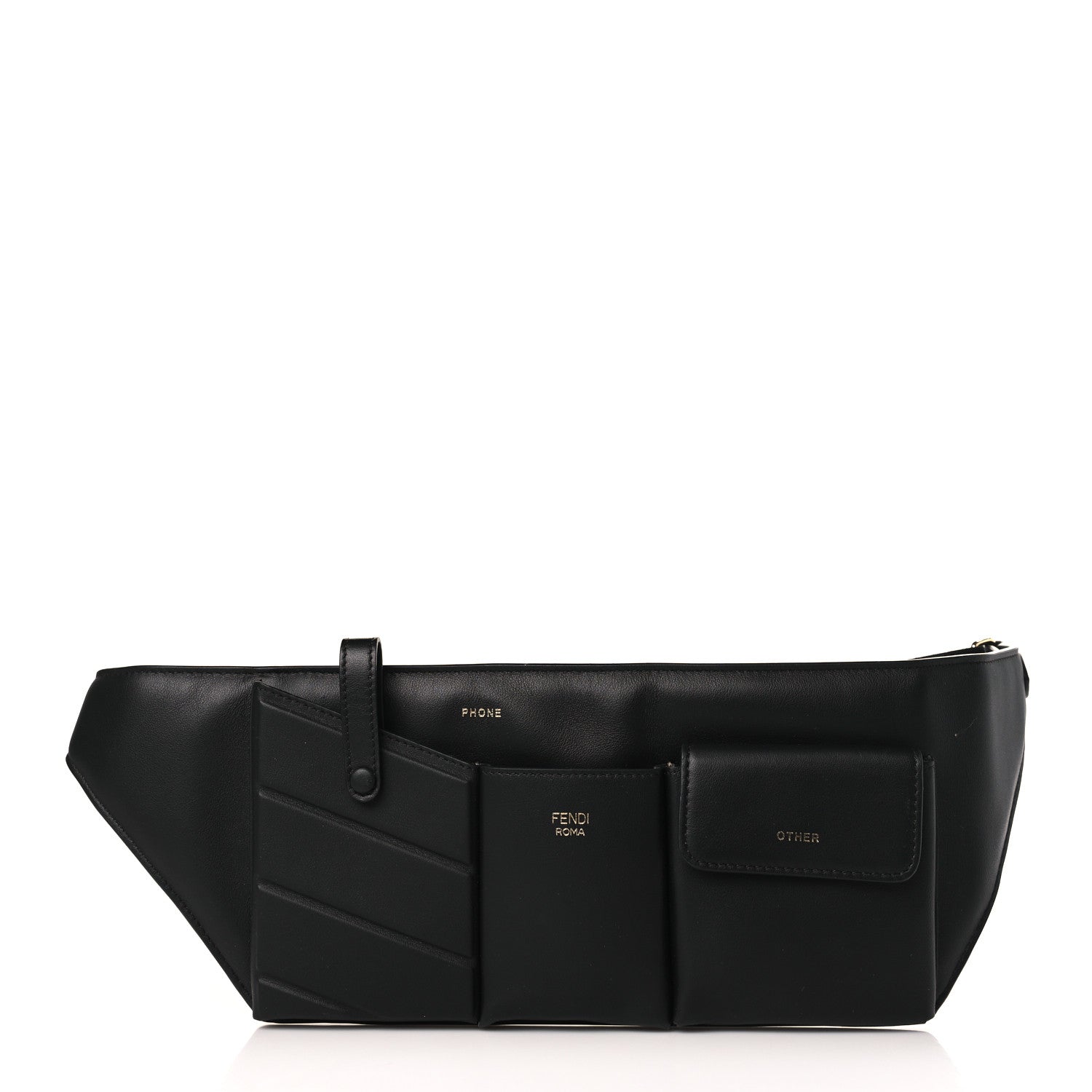 Fendi Vitello Grace Matte 3 Pocket Belt Pouch Black Soft Gold 1 of 8