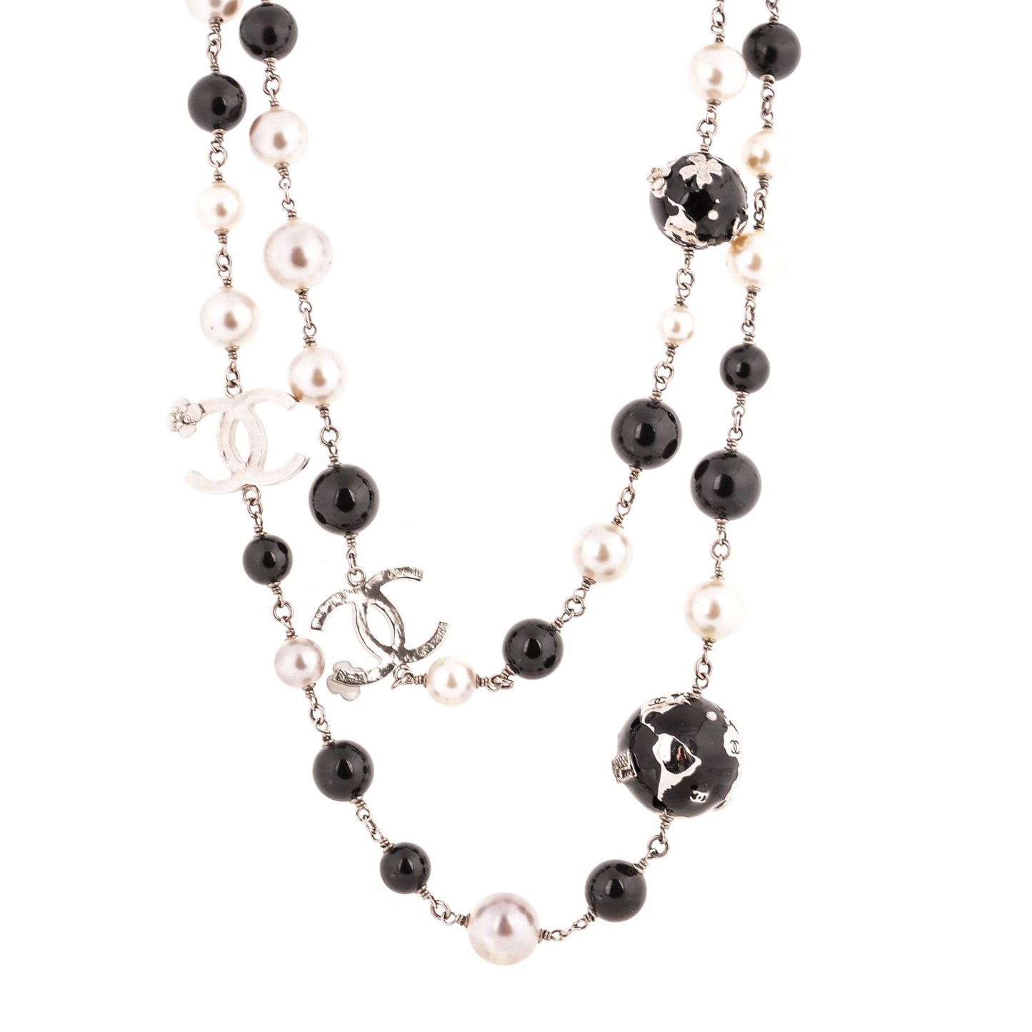 Beaded Globe Pearl CC Long Necklace Silver