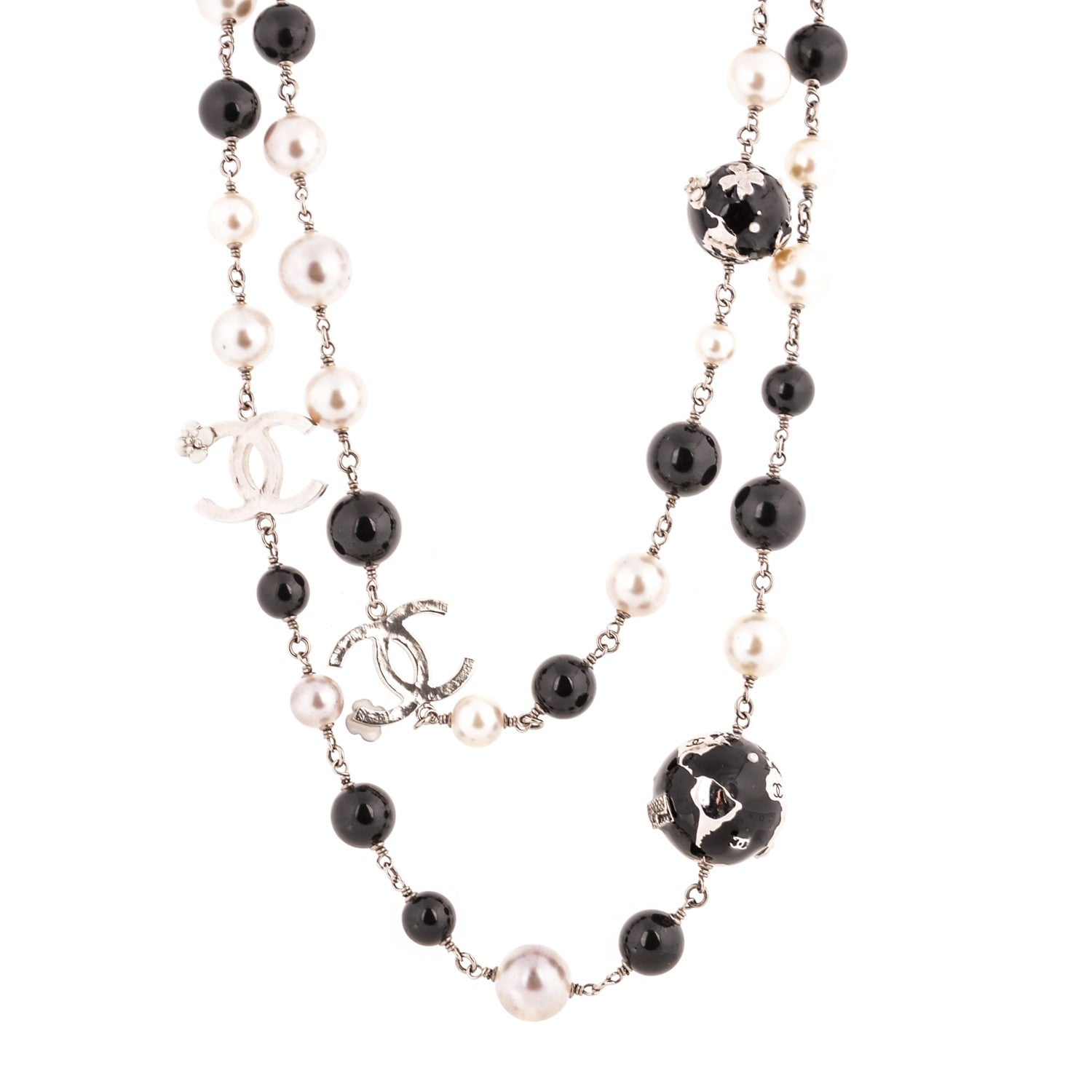 Chanel Beaded Globe Pearl CC Long Necklace Silver 1 of 6
