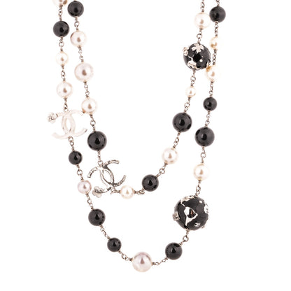 Chanel Beaded Globe Pearl CC Long Necklace Silver 1 of 6