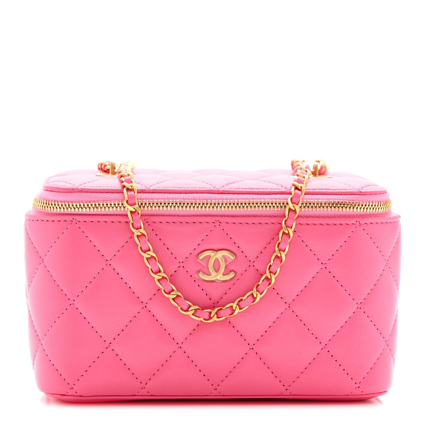 Lambskin Enamel Quilted Small Coco Hearts Vanity Case With Chain Pink