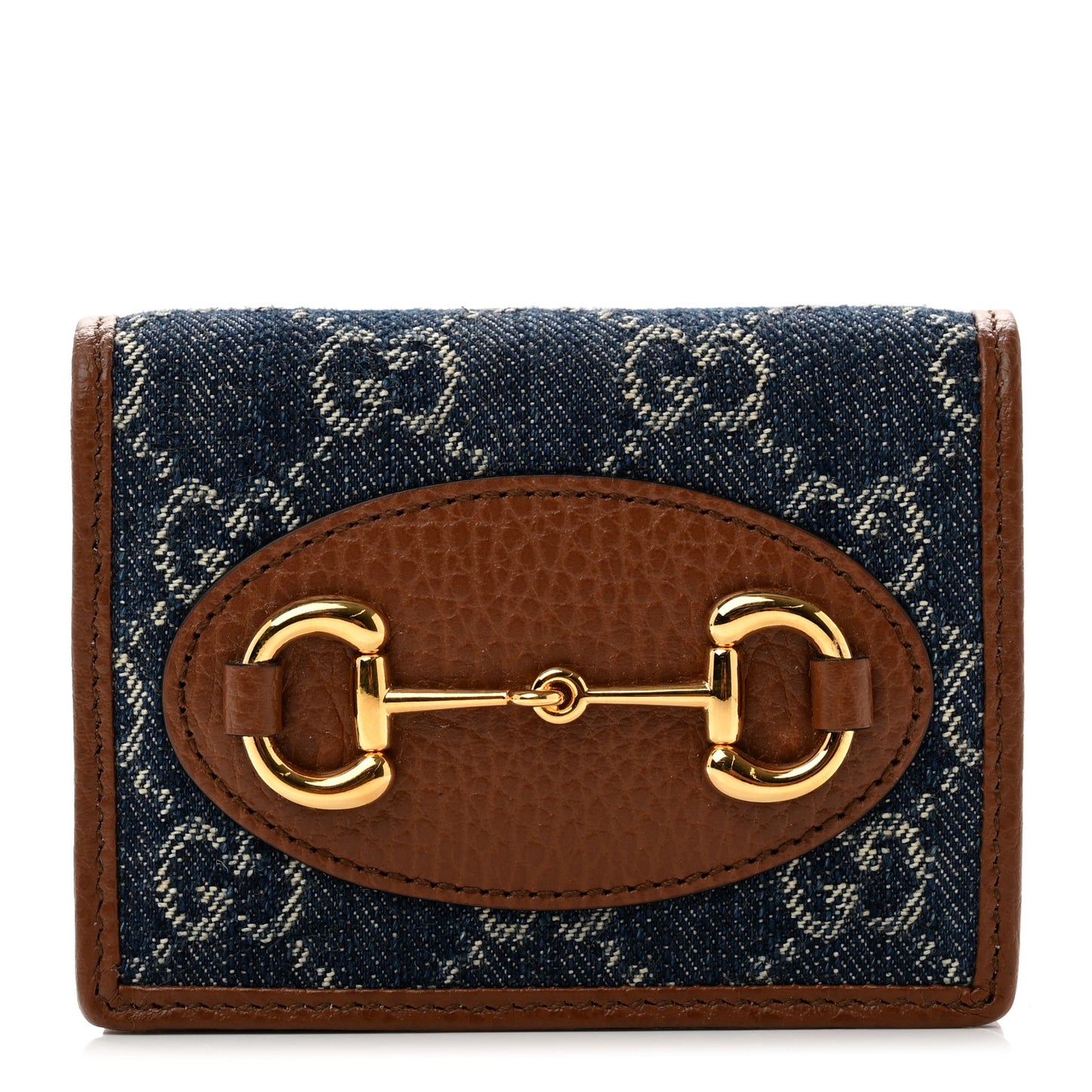 New Denim GG Monogram Dollar Calfskin Horsebit 1955 Card Case Wallet Blue Tea Cuir Epilog