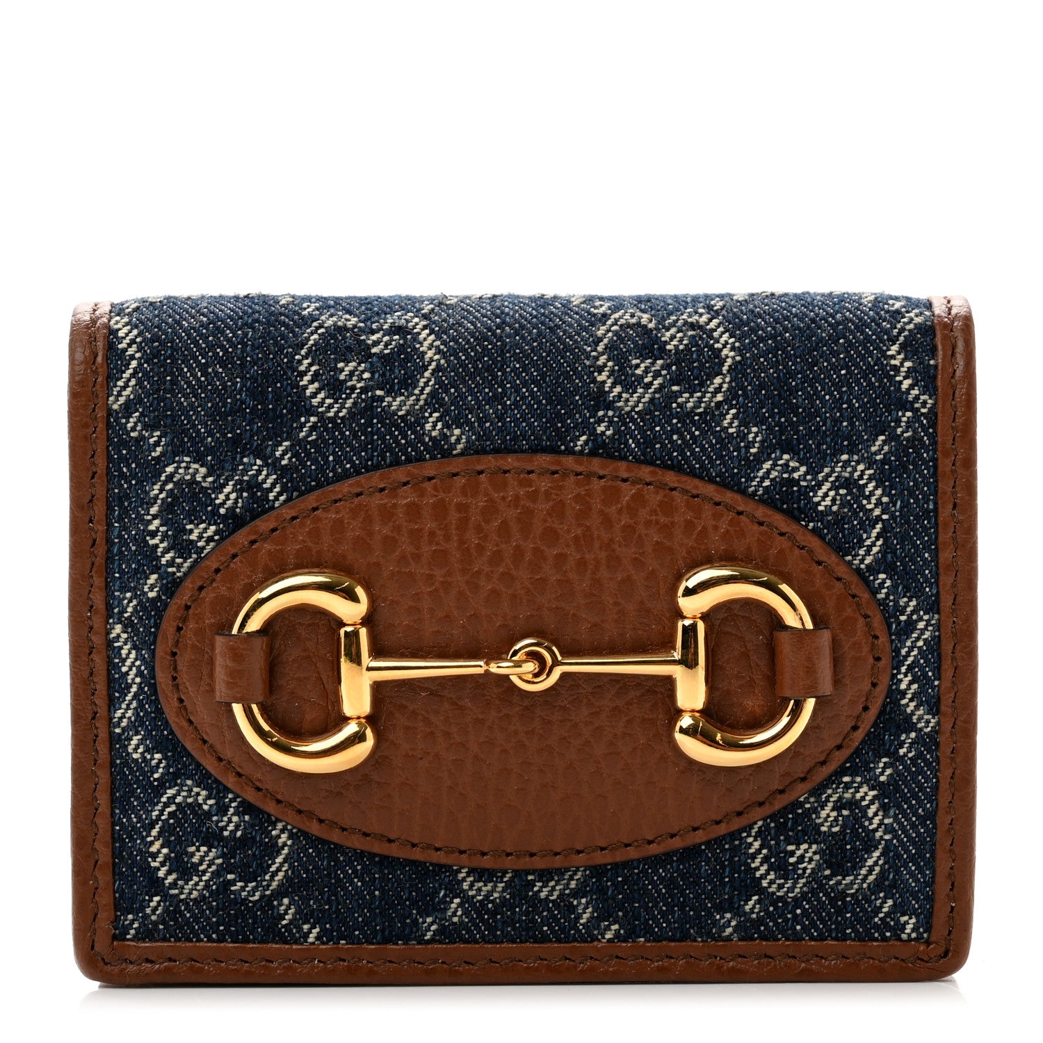 Gucci New Denim GG Monogram Dollar Calfskin Horsebit 1955 Card Case Wallet Blue Tea Cuir Epilog 1 of 7