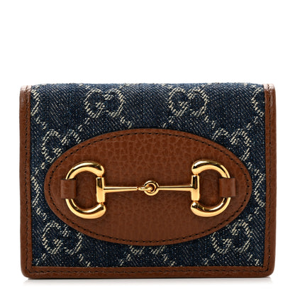 Gucci New Denim GG Monogram Dollar Calfskin Horsebit 1955 Card Case Wallet Blue Tea Cuir Epilog 1 of 7