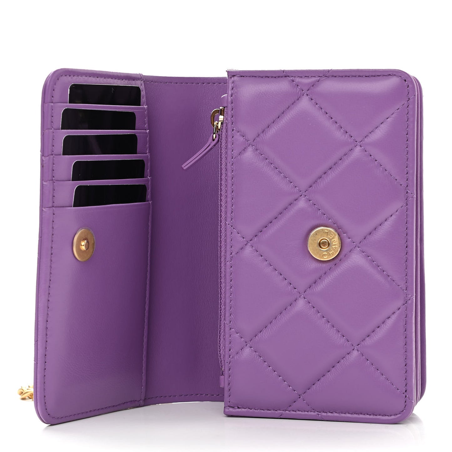 Lambskin Enamel Quilted Pending CC Clutch With Chain Purple