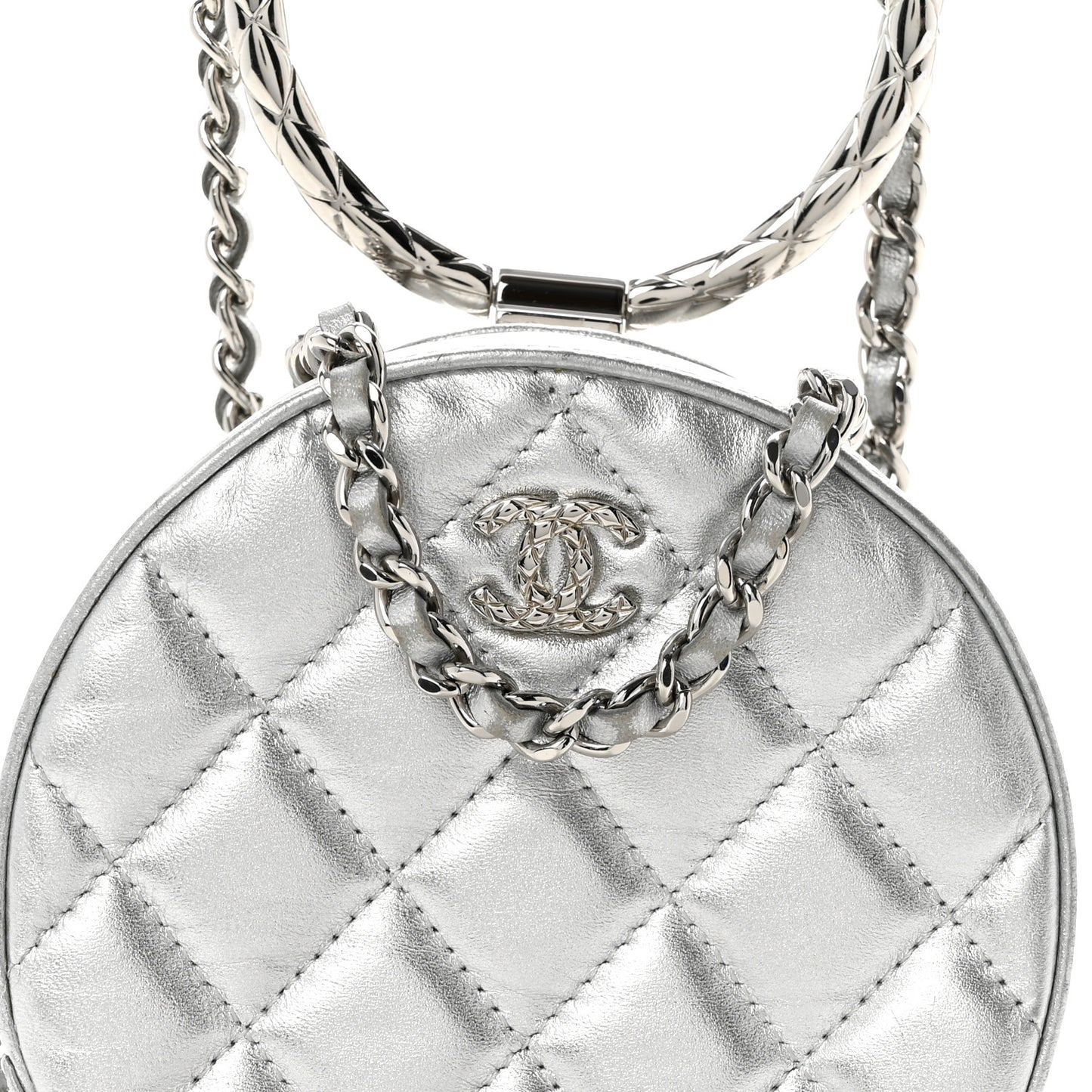 Metallic Calfskin Quilted Round Bracelet Clutch With Chain Silver