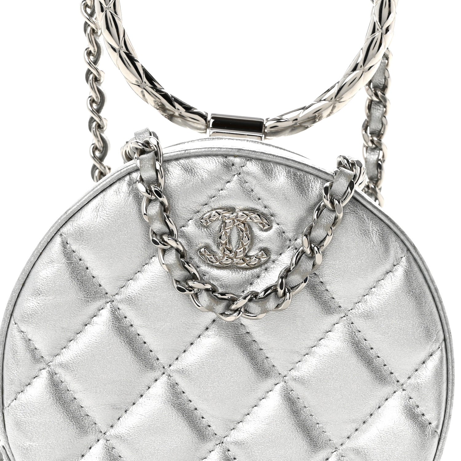 Chanel Metallic Calfskin Quilted Round Bracelet Clutch With Chain Silver 8 of 12