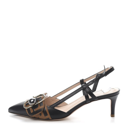 Fendi Vitello FF Embossed Pearland Decollete Aperta Slingback Pumps 37 Black Tobacco Moro 1 of 8