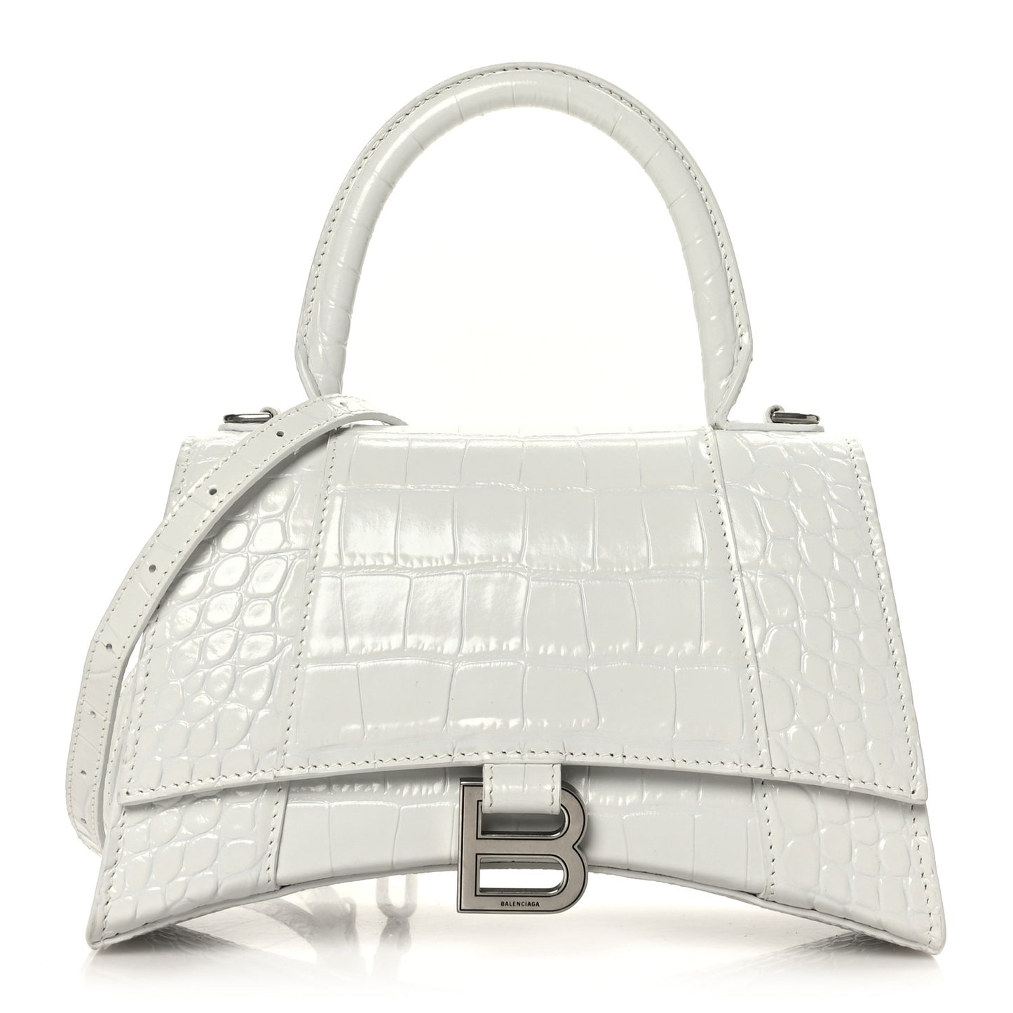Calfskin Crocodile Embossed Small Hourglass Top Handle Bag White