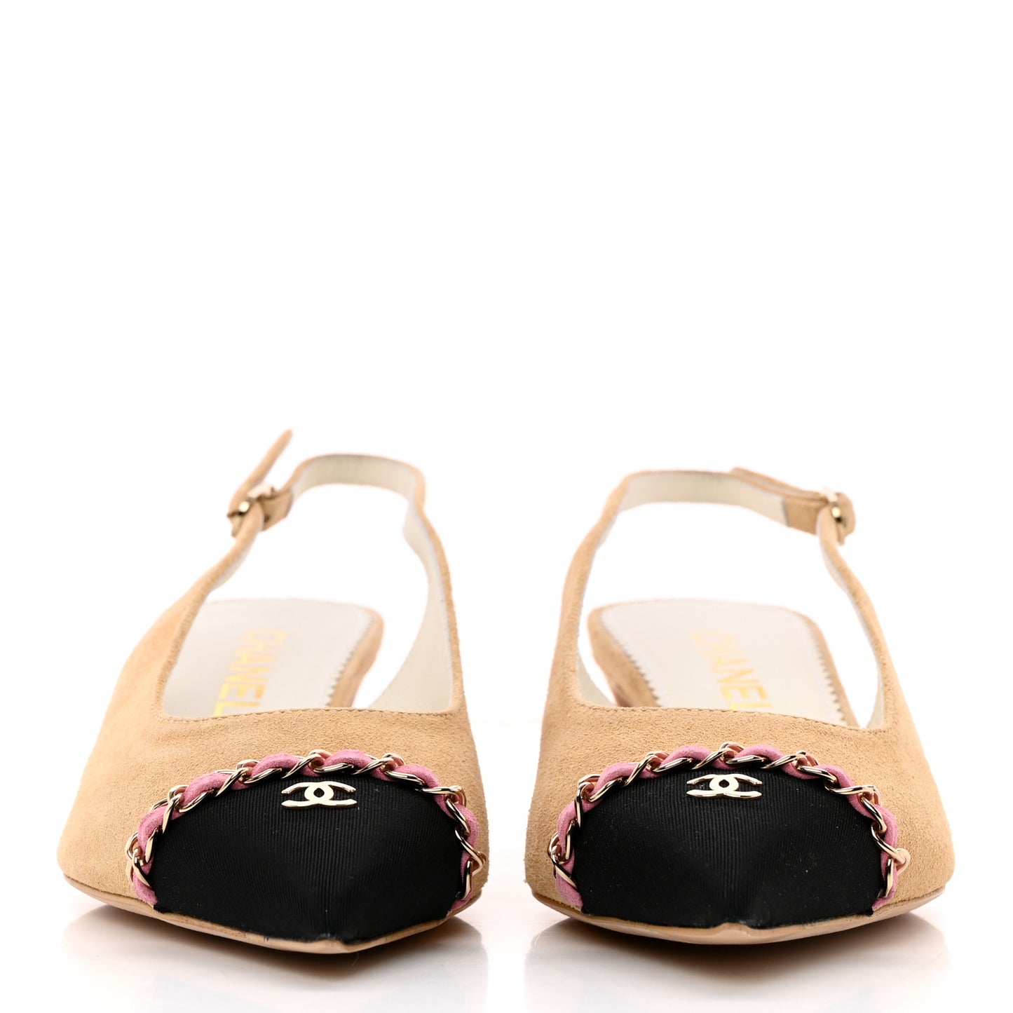 Suede Grosgrain Cap Toe CC Chain Slingback Pumps 37.5 Beige Black Pink