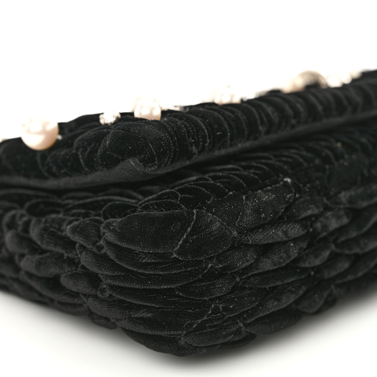 Velvet Matelasse Crystal Pearl Chain Shoulder Bag Black