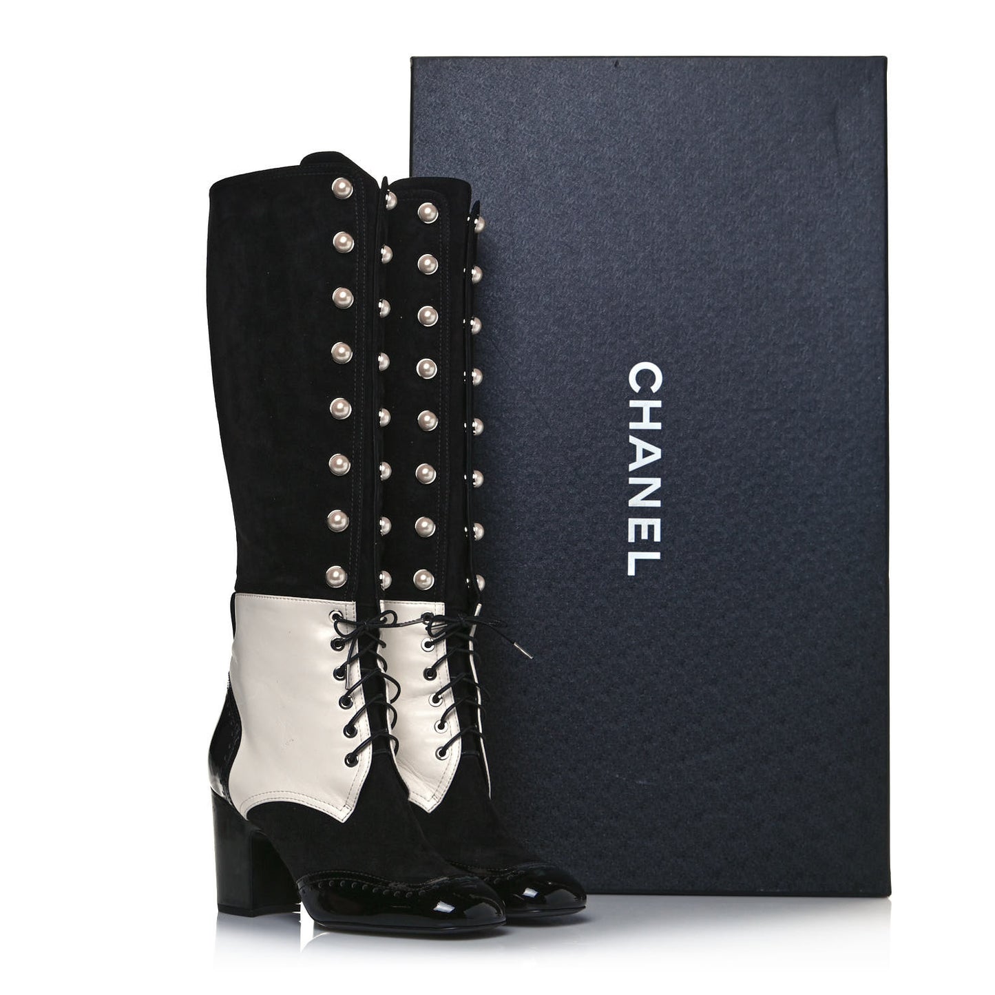 Kid Suede Lambskin Patent Calfskin Pearl Lace Up High Boots 38.5 Black Ecru