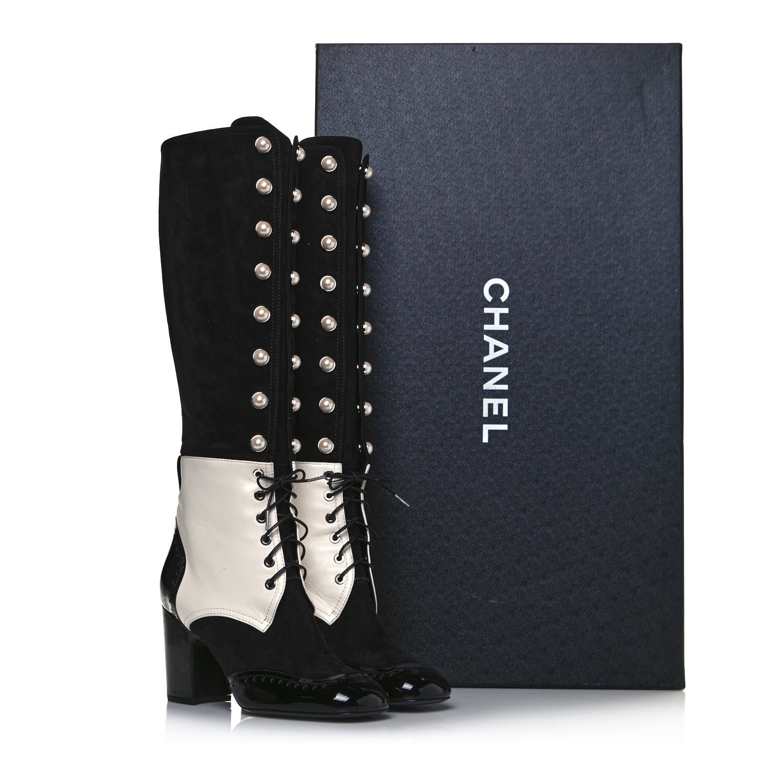 Chanel Kid Suede Lambskin Patent Calfskin Pearl Lace Up High Boots 38.5 Black Ecru 8 of 8